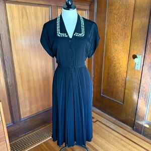 Vintage 40s 1940s Rayon Shirtwaist Midi Dress w/ Black Button Embellished Collar